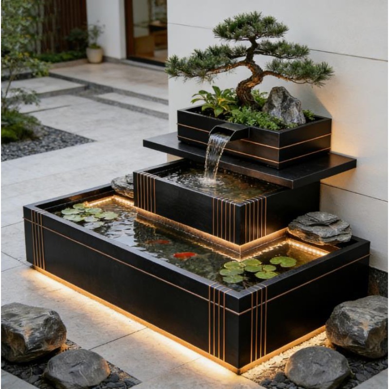 Bonsai Garden With Koi Pond - น้ำตกสแตนเลส - บ่อปลาคาร์พกลางแจ้งสุดหรูพร้อมกระถางบอนไซ ตกแต่งสวนสไตล์โมเดิร์นสำหรับทางเข้าวิลล่า